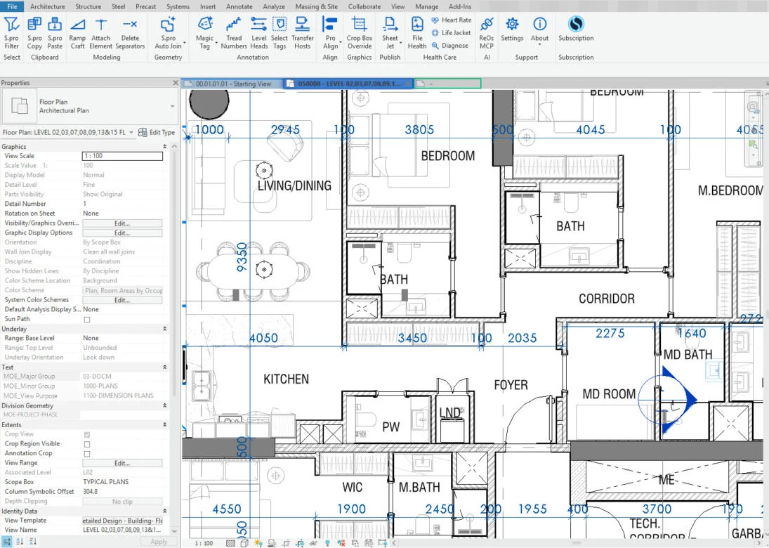 The ReOs tab in Autodesk Revit, with a floor plan open