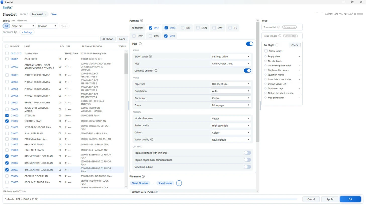 The ReOs SheetJet window in Autodesk Revit